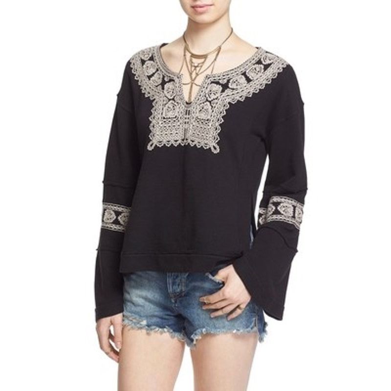 Free People Free People $148 Santa Maria Black Embroidered Pullover XS Size XS / US 0-2 / IT 36-38 - 4 Thumbnail