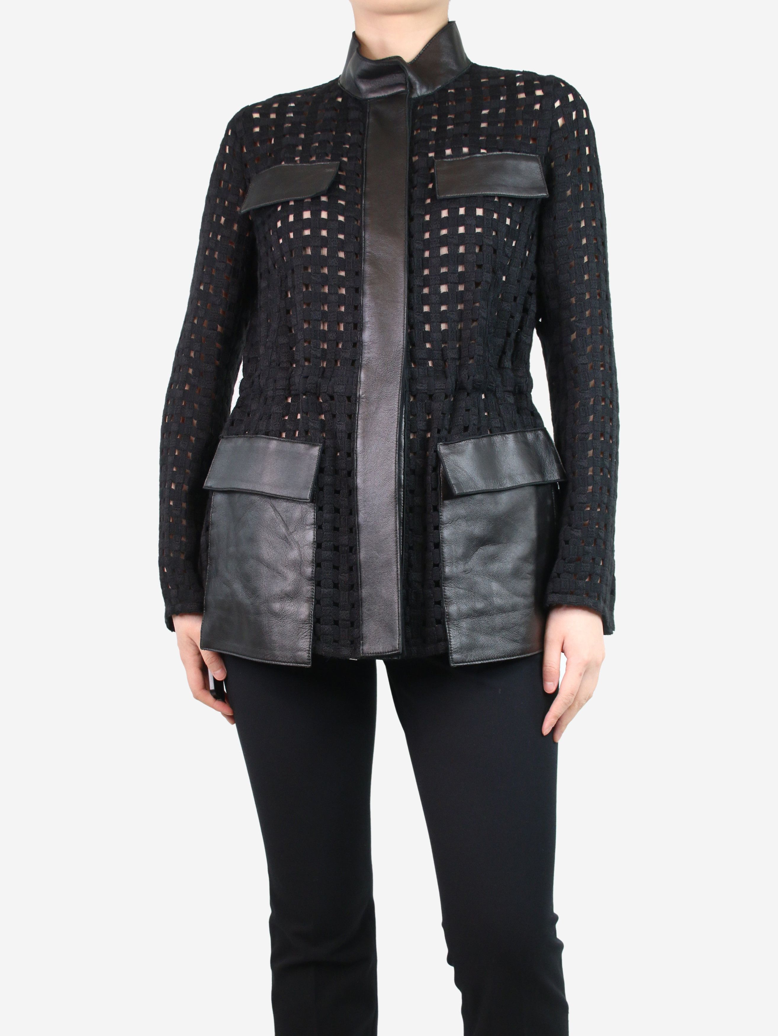 image of Akris Black Wool Cutout Leather Details Jacket - Size Uk 10, Women's