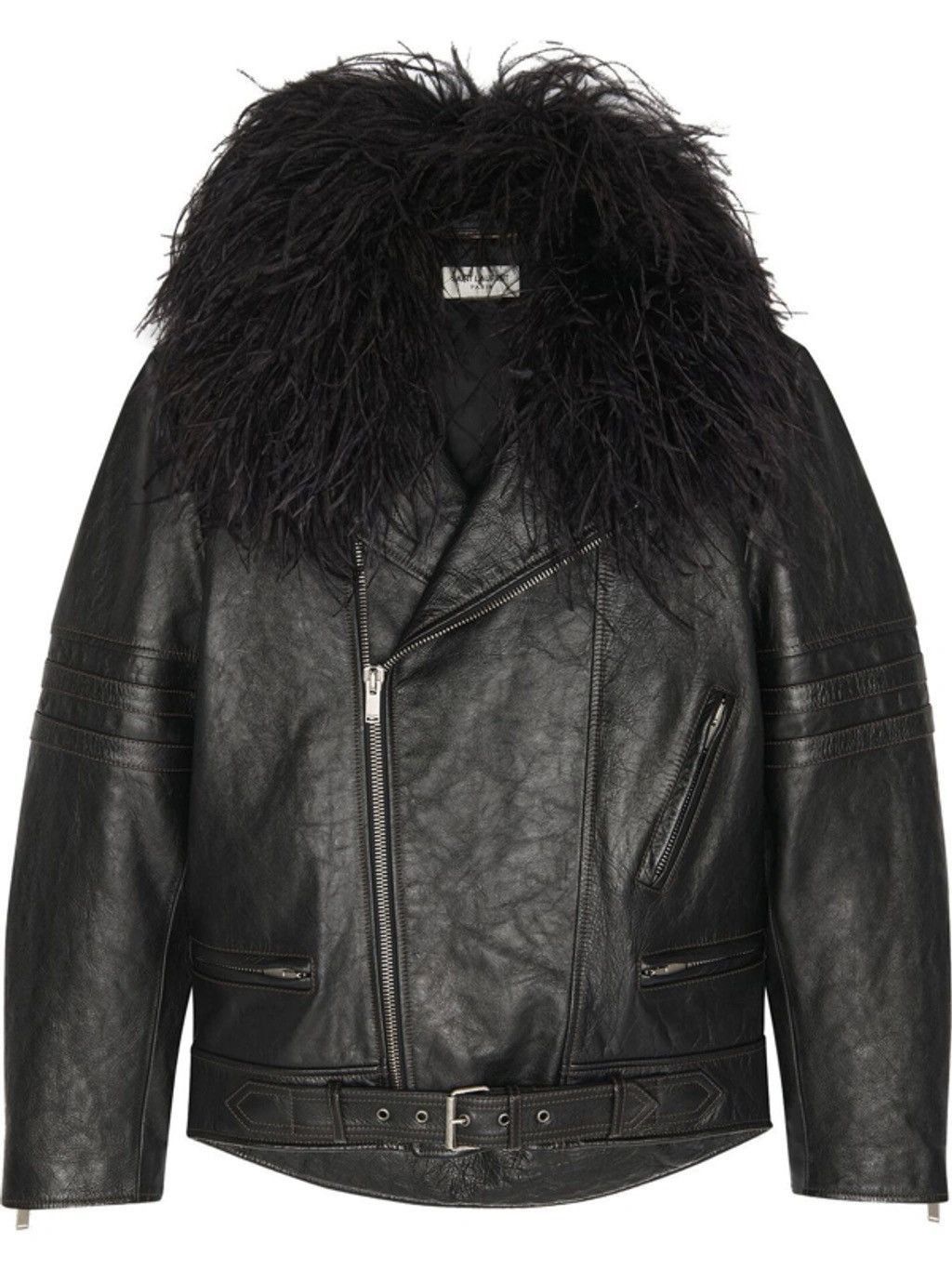 Saint Laurent Paris Feather-trimmed leather biker jacket Size XS / US 0-2 / IT 36-38 - 1 Thumbnail