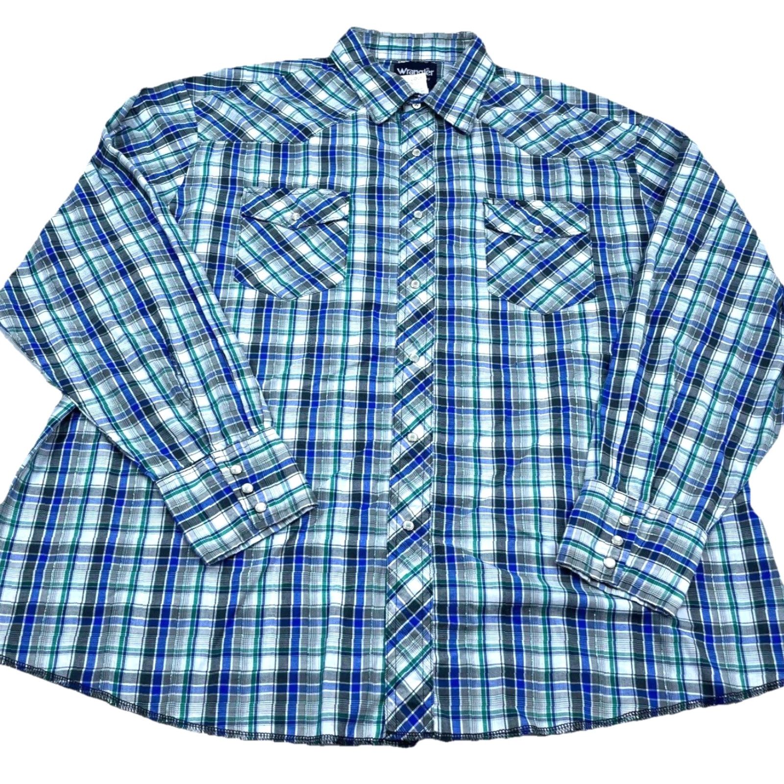 Wrangler VINTAGE Wrangler Shirt Men XXL Blue Pearl Snap Button Up Tartan Plaid Cowboy Western Size US XXL / EU 58 / 5 - 2 Thumbnail