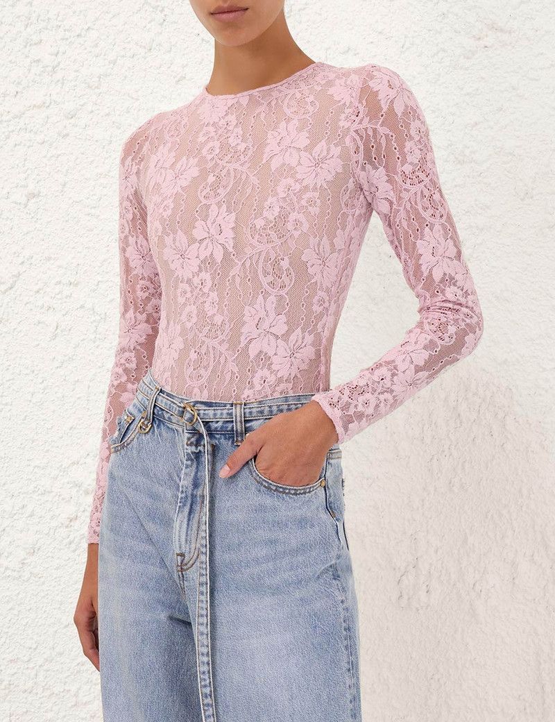 Zimmermann oc11z0226 Lace Bodysuit In Pink Size L / US 10 / IT 46 - 2 Thumbnail