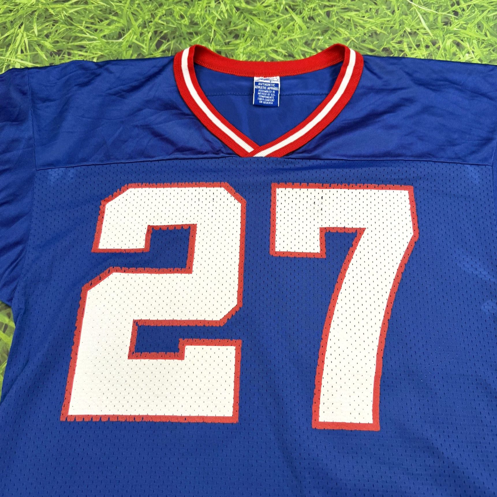 Champion VINTAGE Champion Football Jersey Mens M Blue NY Giants 90s Hampton 27 Raglan Short Sleeve T-Shirt Pullover Graphic Print Size US M / EU 48-50 / 2 - 4 Thumbnail