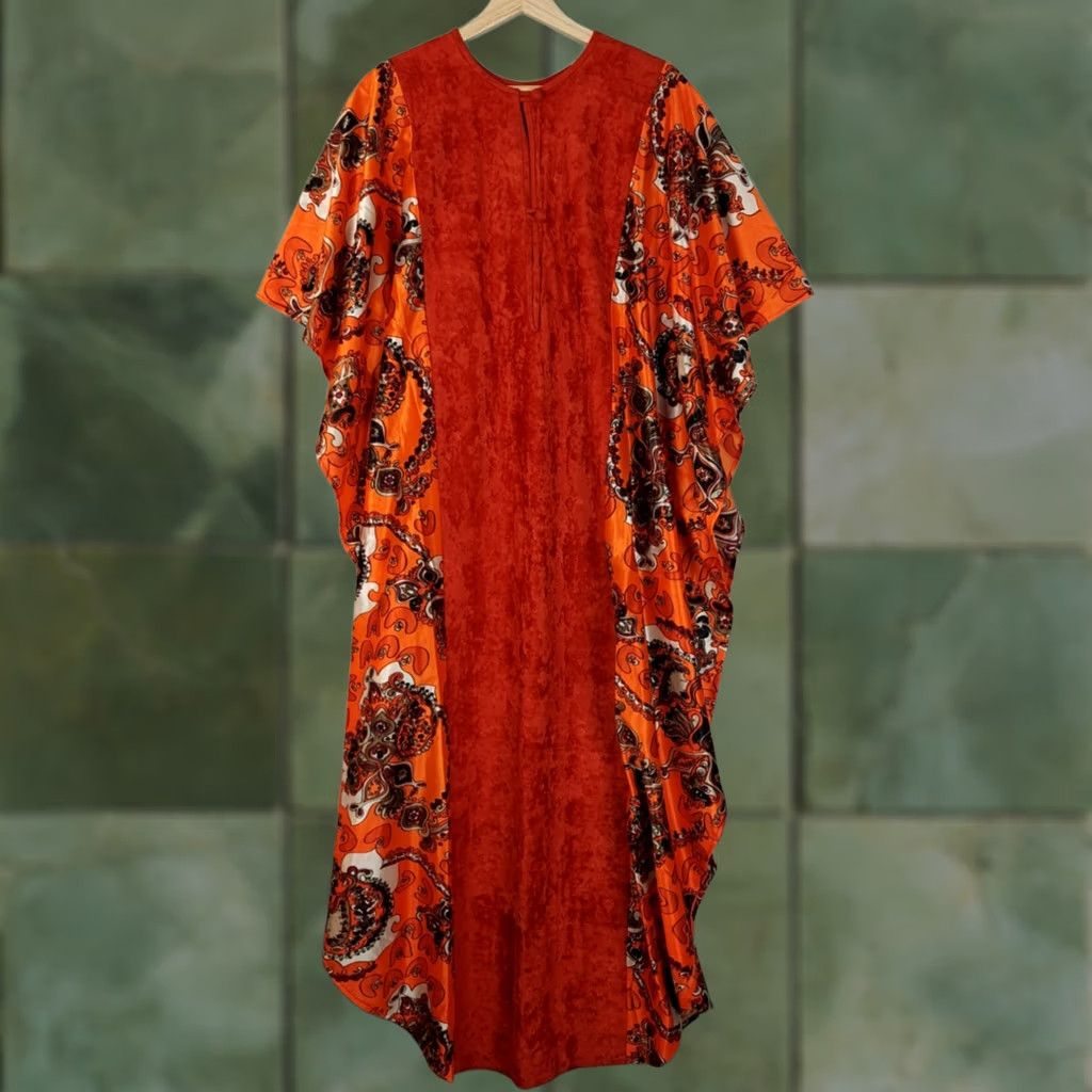 Velvet VINTAGE Maeko's Kaftan Dress Womens One Size Orange Velvet Paisley Maxi 70s Size ONE SIZE - 1 Thumbnail