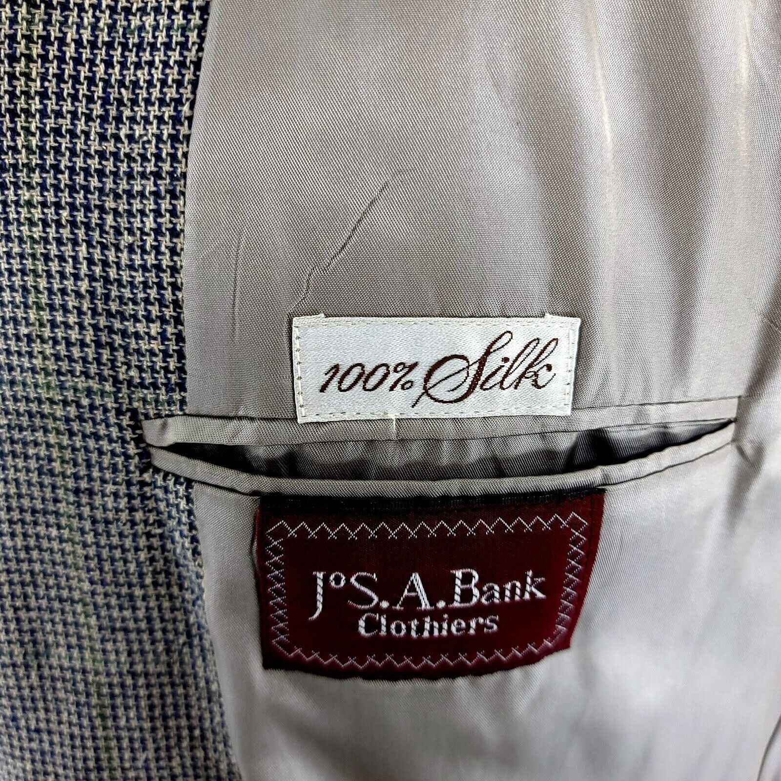 Jos. A. Bank Jos A Bank 100% Silk 2 Button Sport Coat Blue Tan Check W/ G Size 42R - 8 Thumbnail