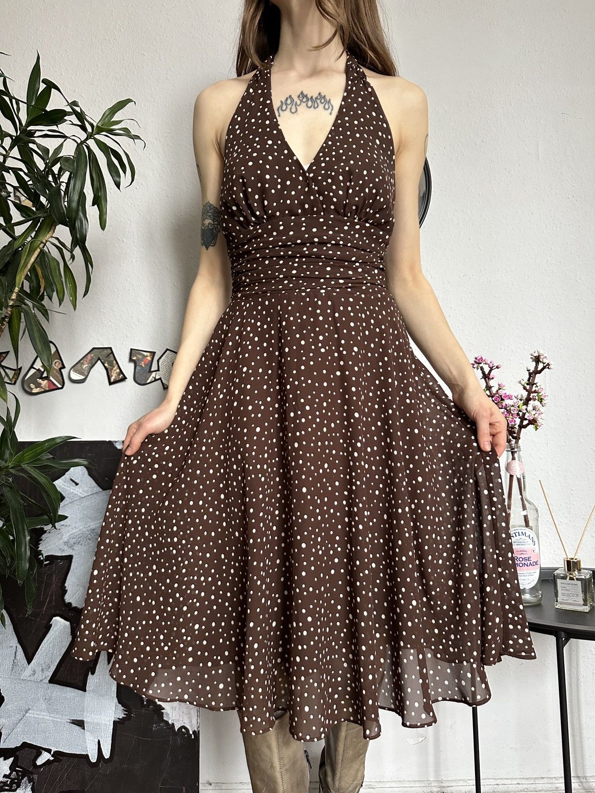 Vintage Vintage Polka dot Sexy Halter Midi Dress Cottage Size L / US 10 / IT 46 - 2 Thumbnail