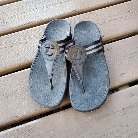 FitFlop Walkstar Black Leather Nylon Flip Flop Sandals 9