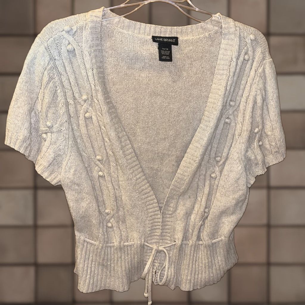 Vintage Lane Bryant Sweater Cardigan Open Short Sleeve 14 16 Oatmeal Beige Tie String Women Regular Knit Cotton Wool Nylon Size XL / US 12-14 / IT 48-50 - 1 Thumbnail