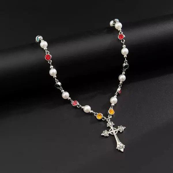 Jewelry Silver Cross Pendant Necklace with Colorful Beads Size ONE SIZE - 4 Thumbnail