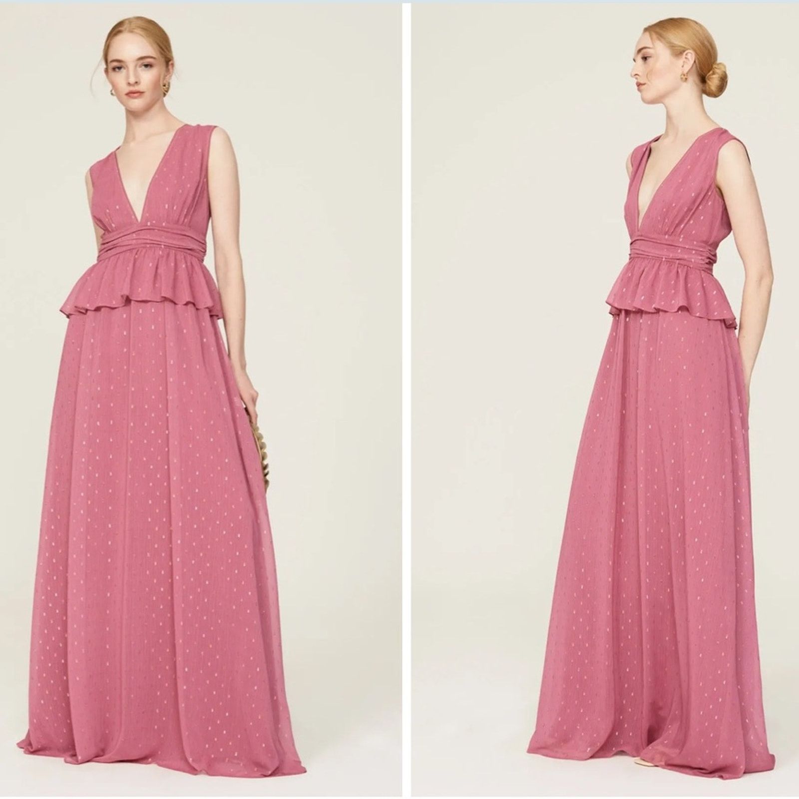 LDT Pink Rose Metallic Peplum Waist V Neck Maxi Gown Dress