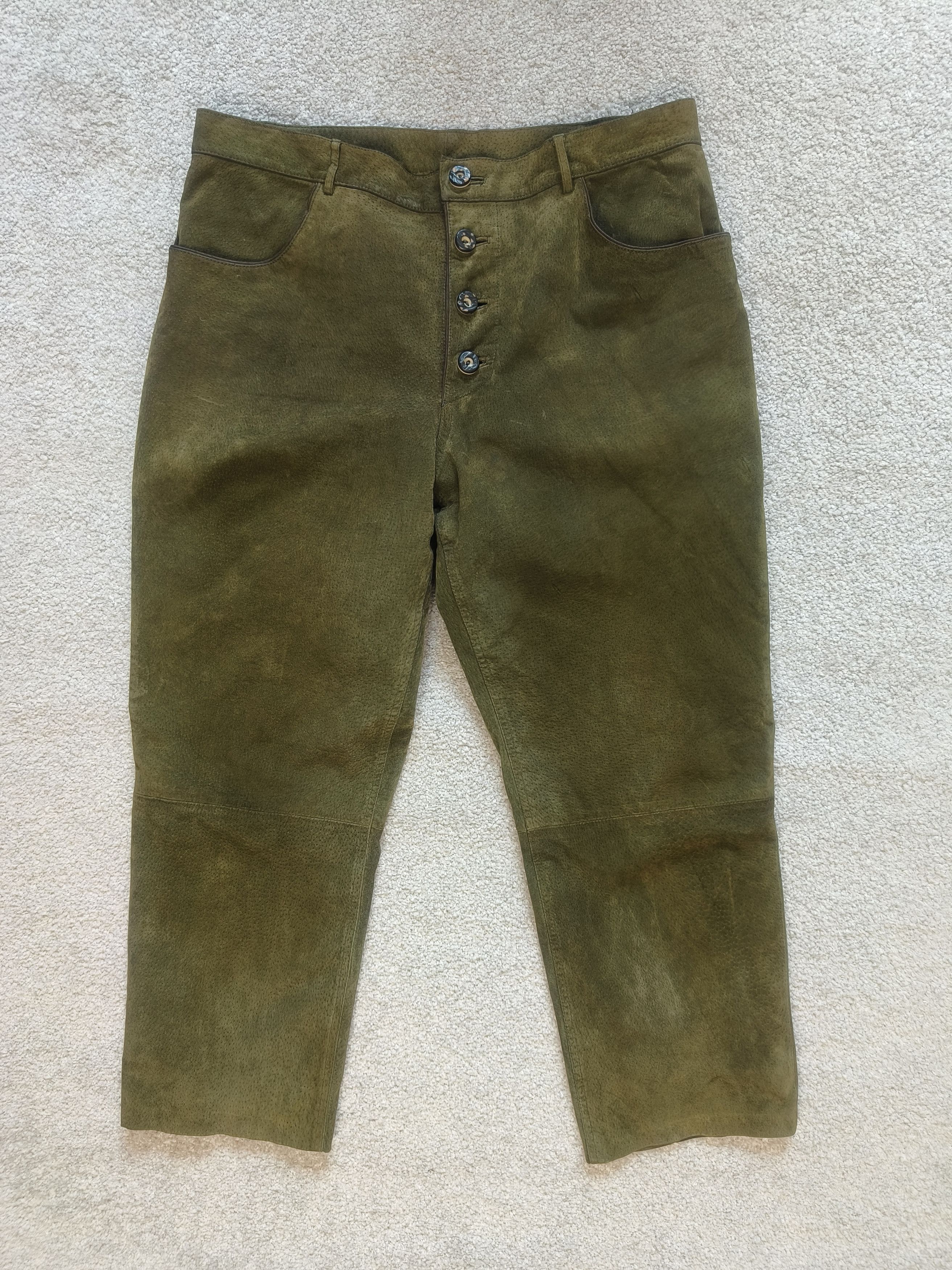 Genuine Leather Vintage Olive Green Button-Fly Leather/Suede Pants Size US 38 / EU 54 - 1 Thumbnail