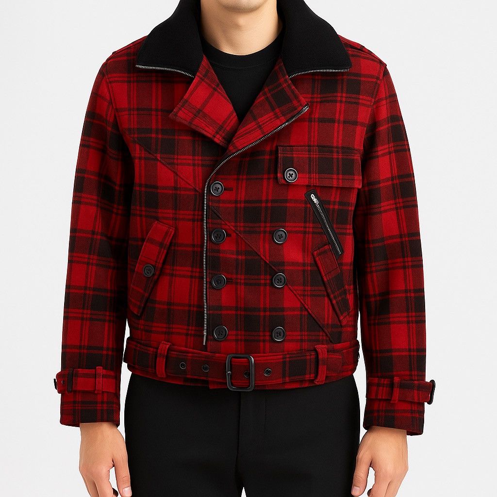 Japanese Brand Vintage 90s Play-Play-Play Red Black Plaid Wool Biker Jacket Size US M / EU 48-50 / 2 - 1 Thumbnail