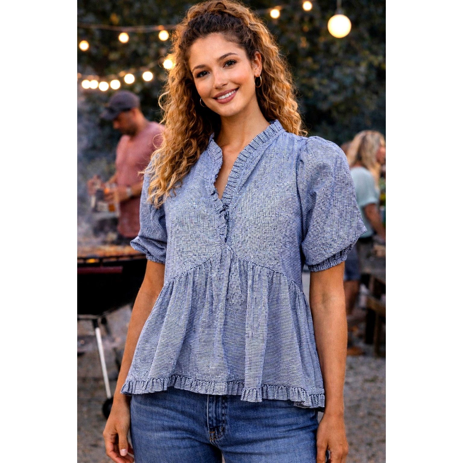 Other Harshman Houndstooth Aiya Blouse Navy Puffed Sleeve size S Size S / US 4 / IT 40 - 1 Thumbnail