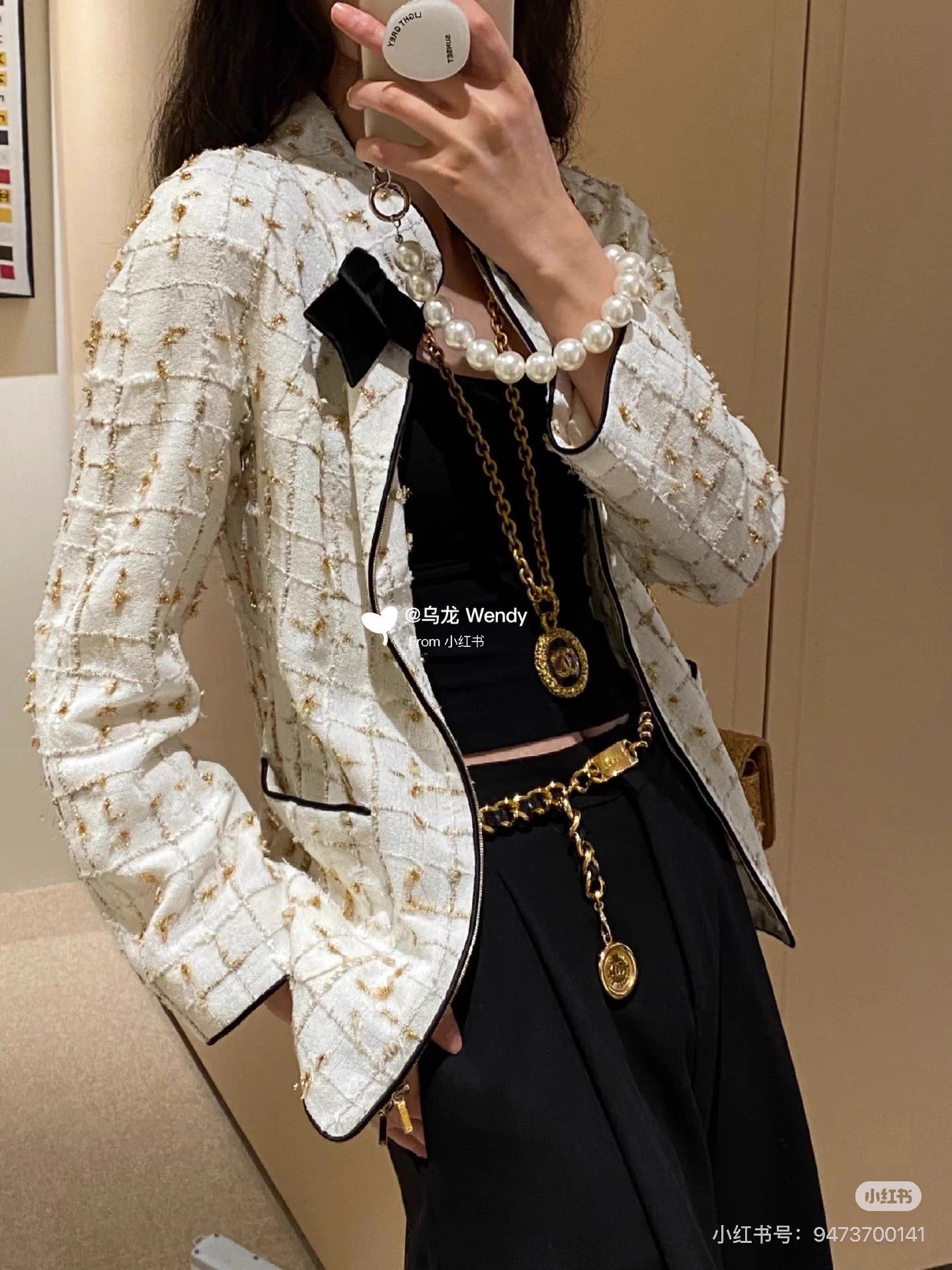 Chanel 19S Black Bow Cream Gold Tweed Jacket 36