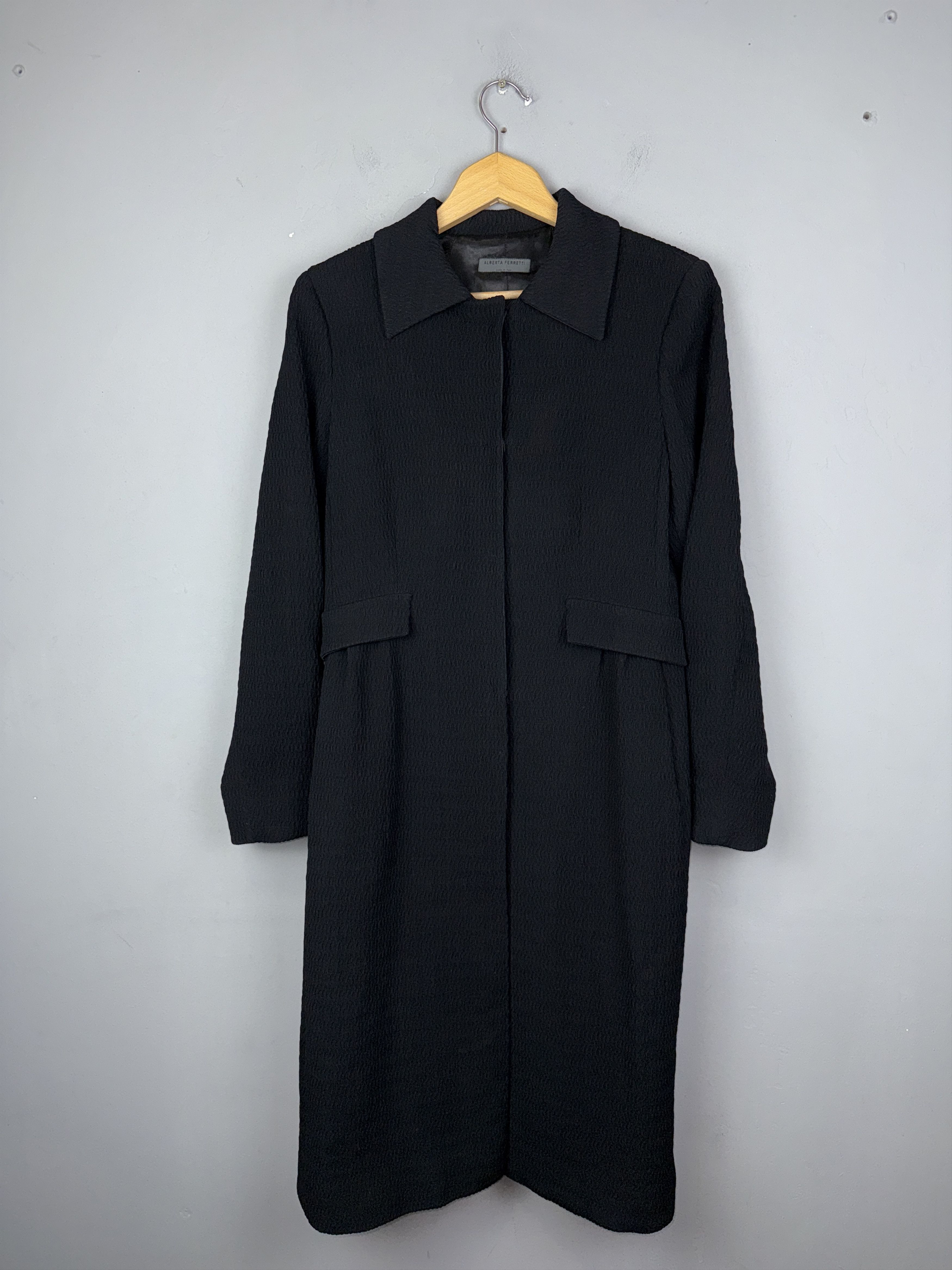 Designer Alberta Ferretti Wool Coat Italy Black Long Trench Jacket Size M / US 6-8 / IT 42-44 - 2 Thumbnail