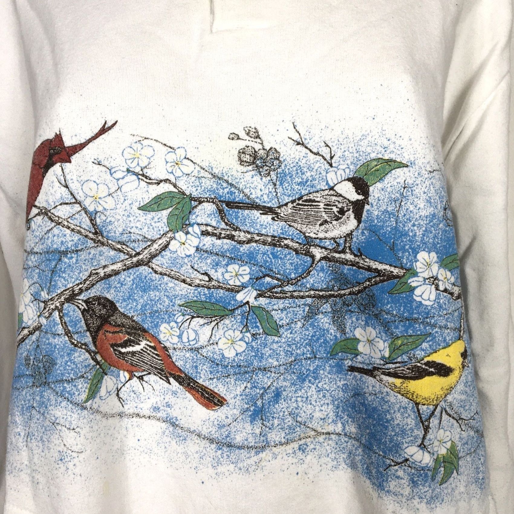 Vintage VINTAGE Art Unlimited Sweatshirt Women's XL White Birds All Over Print Ringer Button Pockets 90s USA Size XL / US 12-14 / IT 48-50 - 3 Thumbnail