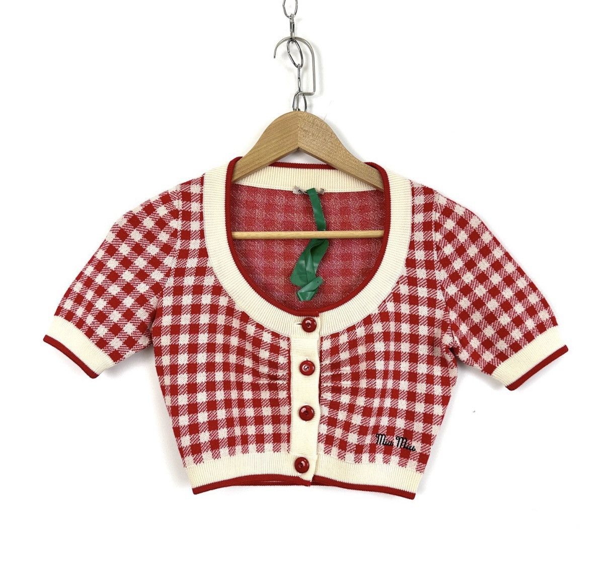 Miu Miu Miu Miu Red Houndstooth Wool Short Sleeve Cardigan K12 Size XS / US 0-2 / IT 36-38 - 1 Thumbnail