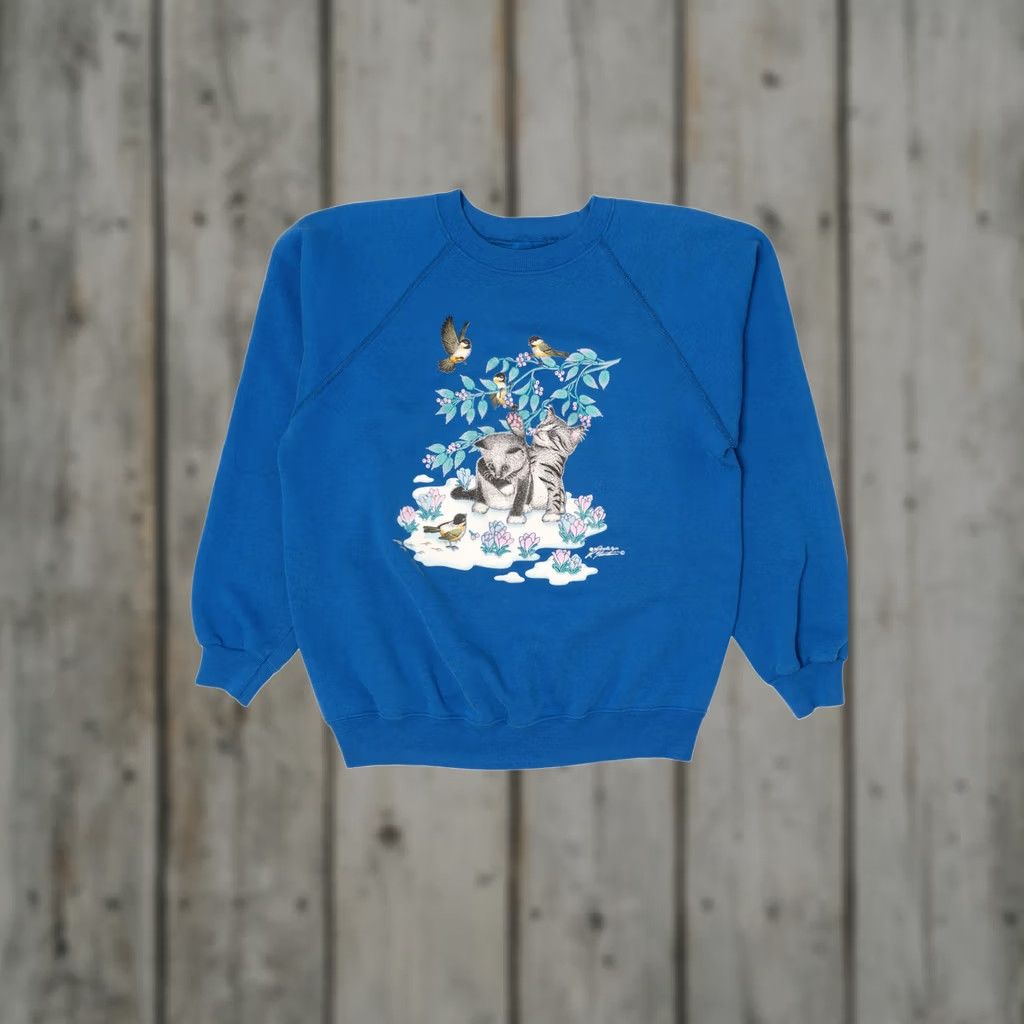Vintage Vintage Morning Sun Kittens And Birds Raglan Sweatshirt Blue 1990s Medium Womens Size US M / EU 48-50 / 2 - 1 Thumbnail