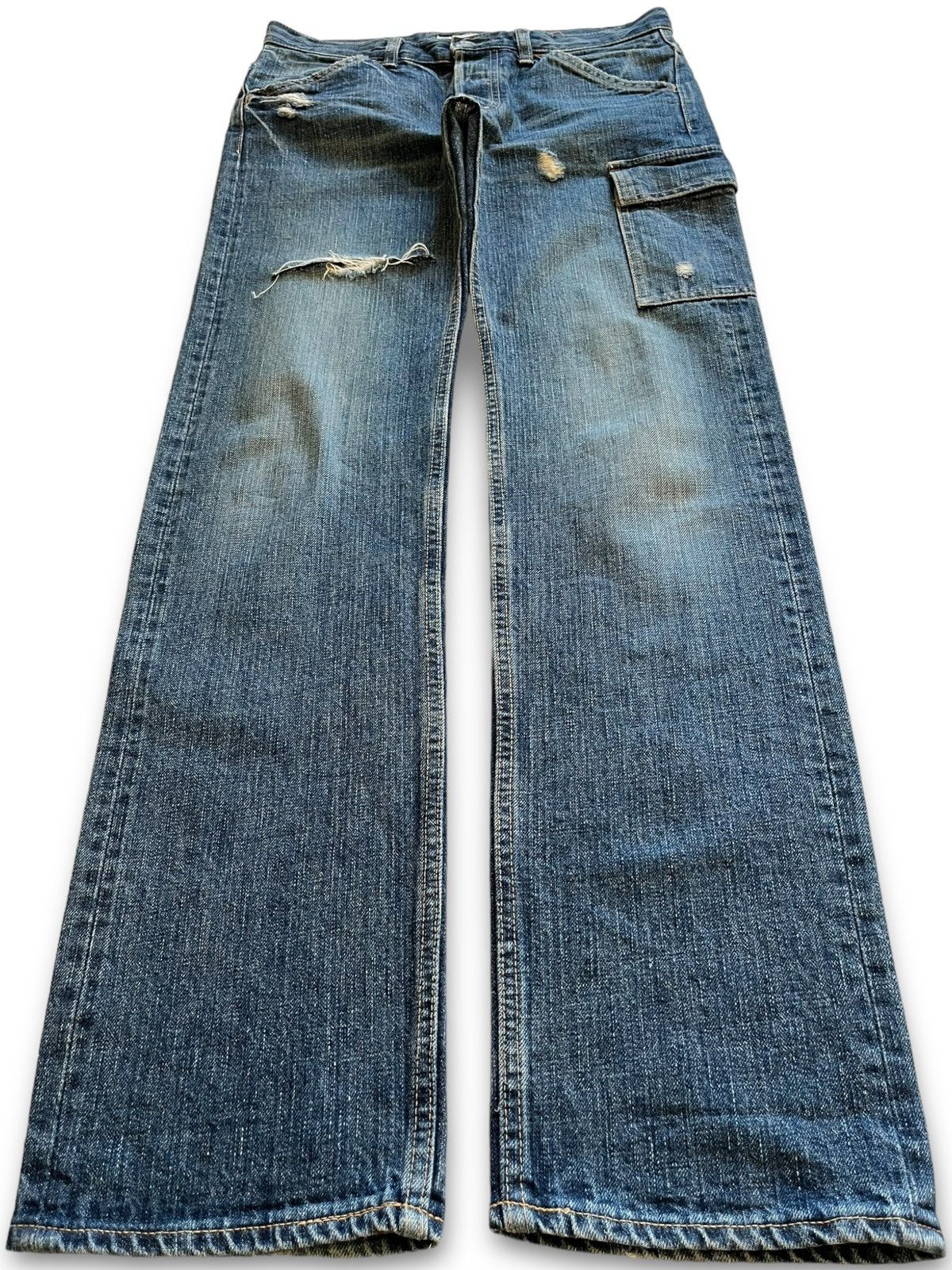 Japanese Brand Vintage Japanese Domingo Blue Wash Distressed Cargo Jeans Size US 31 - 1 Thumbnail