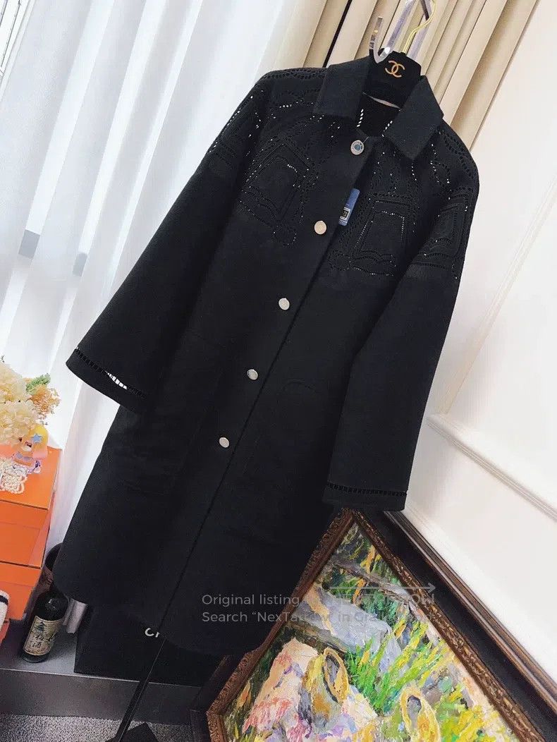 Hermes Black Cutout Embroidered Cashmere Coat