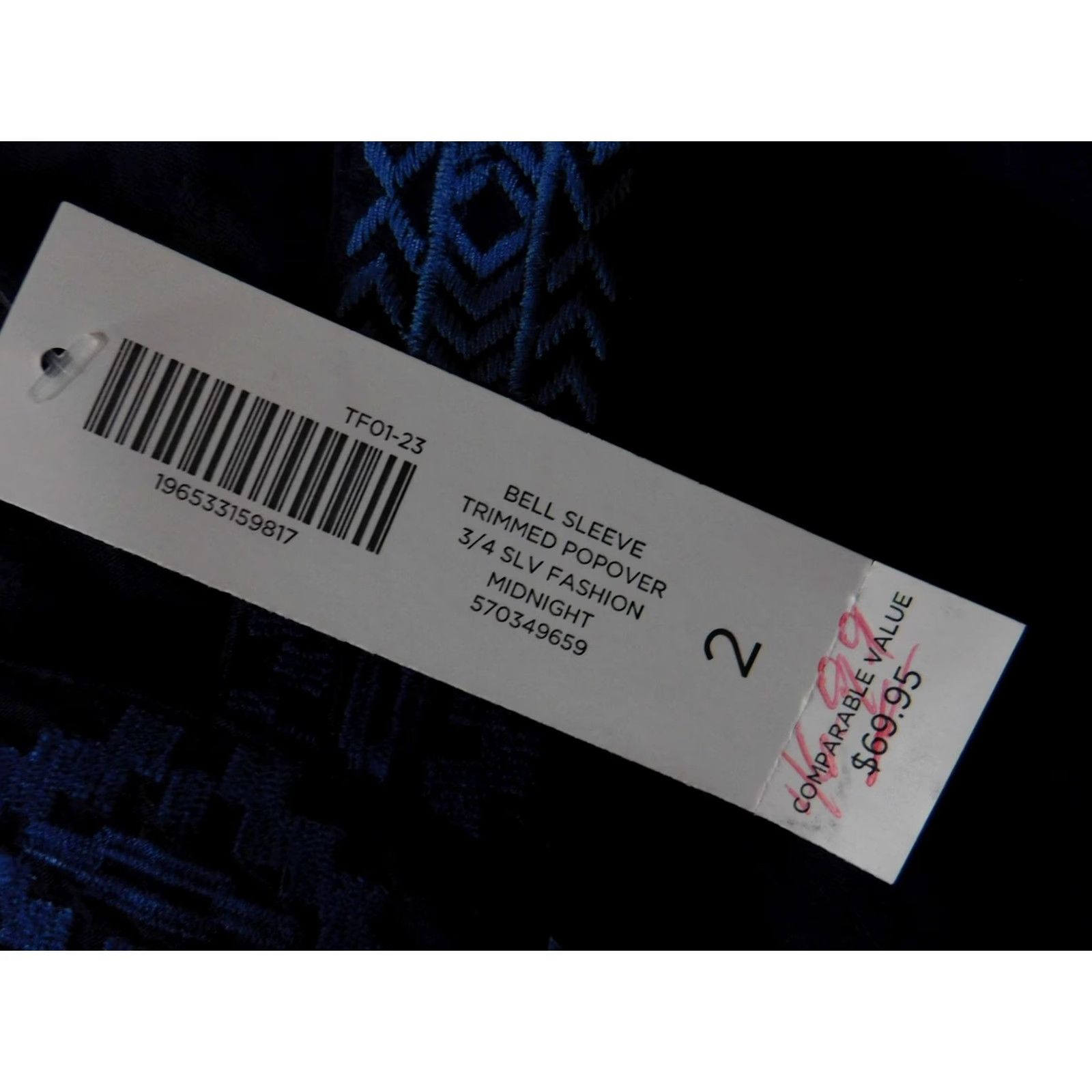 Vintage Chico's Shirt Womens 2 Midnight Blue Bell Sleeve Trimmed Popover 3/4 Sleeve Size XS / US 0-2 / IT 36-38 - 6 Thumbnail