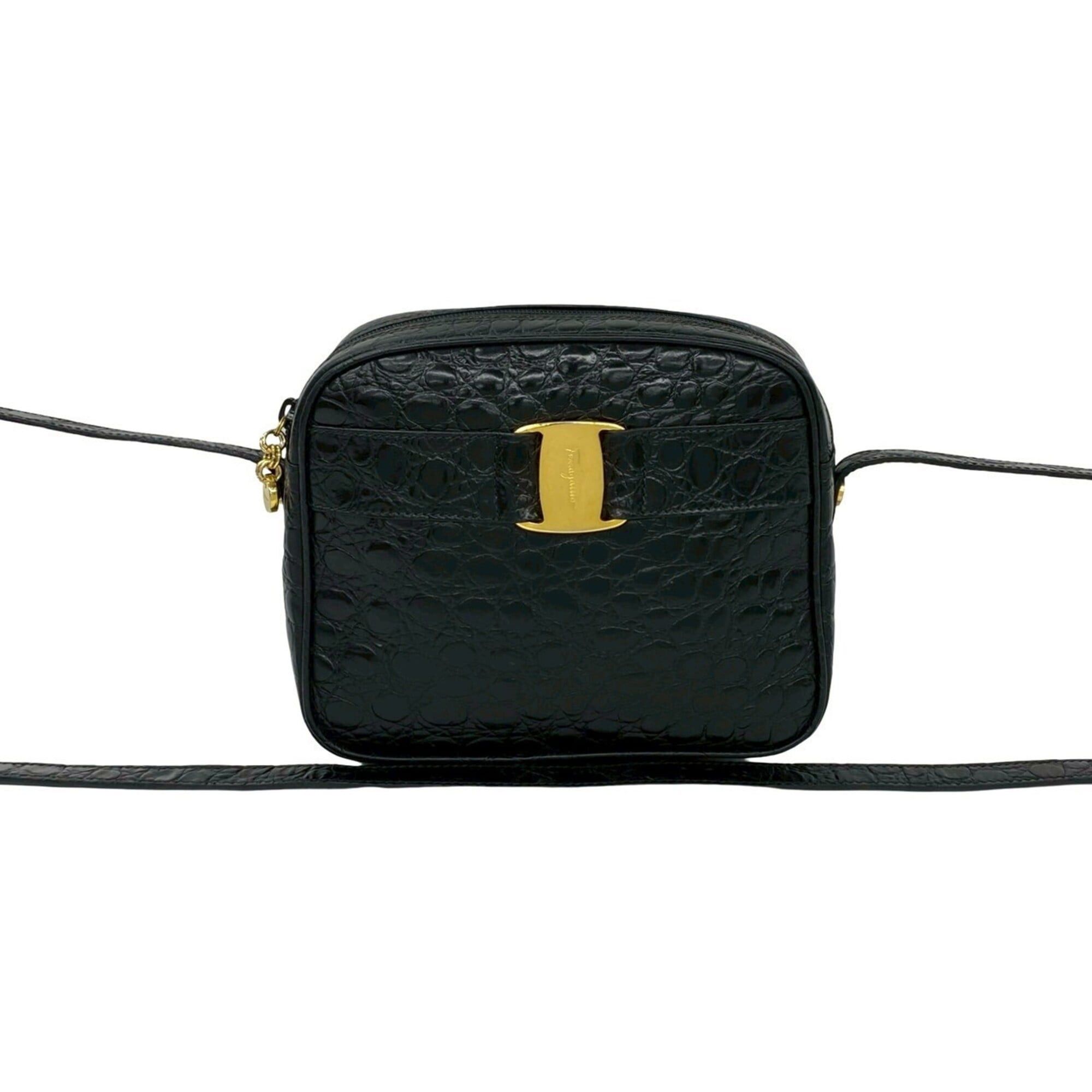 Salvatore Ferragamo Salvatore Ferragamo Vara Leather Shoulder Bag, Black, 30059, with Crocodile Embossed Hardware Size ONE SIZE - 1 Thumbnail