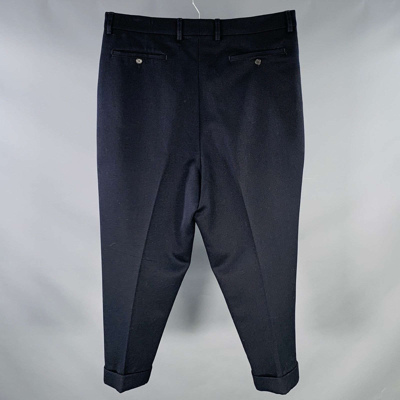 AMI Navy Twill Wool Cuffed Drop Crotch Button Fly Dress Pants Size US 38 / EU 54 - 2 Thumbnail