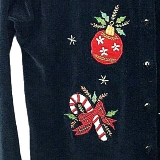 VINTAGE Victoria Jones Christmas Cardigan Sweater Black Velour Applique Holiday Medium