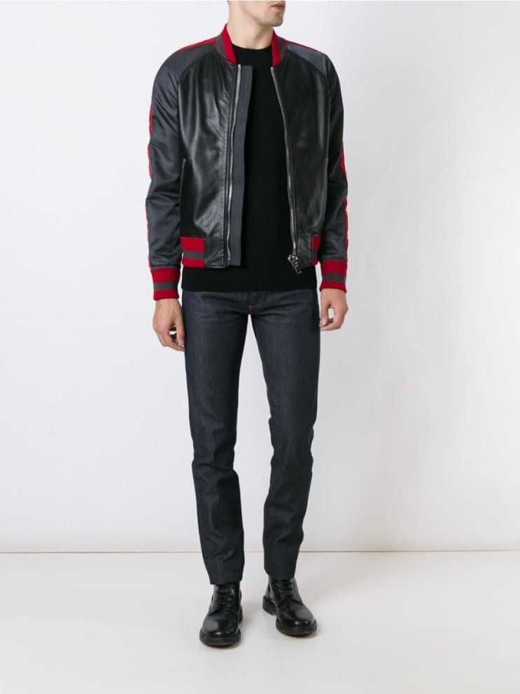 Givenchy Black and Red Striped Leather and Nylon Bomber Jacket Size US L / EU 52-54 / 3 - 2 Thumbnail