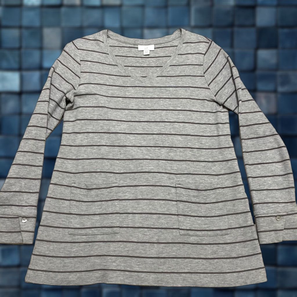J. Jill J. Jill Womens XS Shirt Gray Striped V Neck Long Sleeve Knit Pockets Cotton Size XS / US 0-2 / IT 36-38 - 1 Thumbnail