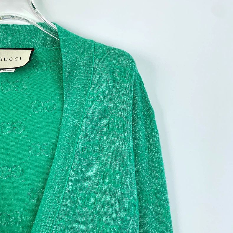Gucci Gucci Green logo jacquart full printed wool V-neck single-b Size S / US 4 / IT 40 - 3 Thumbnail