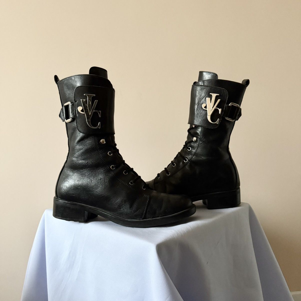 Versace Jeans Couture Combat Military Strap Leather Boots