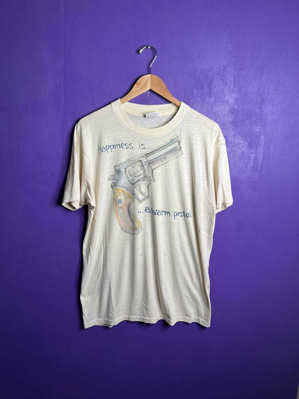 Vintage Vintage 80s Happiness is a warm pistol drawn t-shirt Size US XL / EU 56 / 4 - 1 Thumbnail