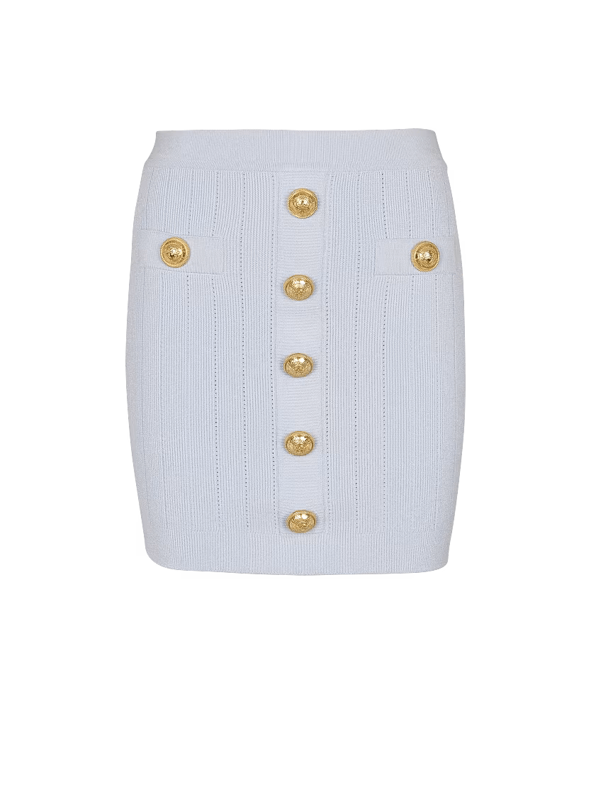 Balmain o1s1wg111225 Knit Skirt With Buttons in Light Blue Size 26" / US 2 / IT 38 - 1 Thumbnail