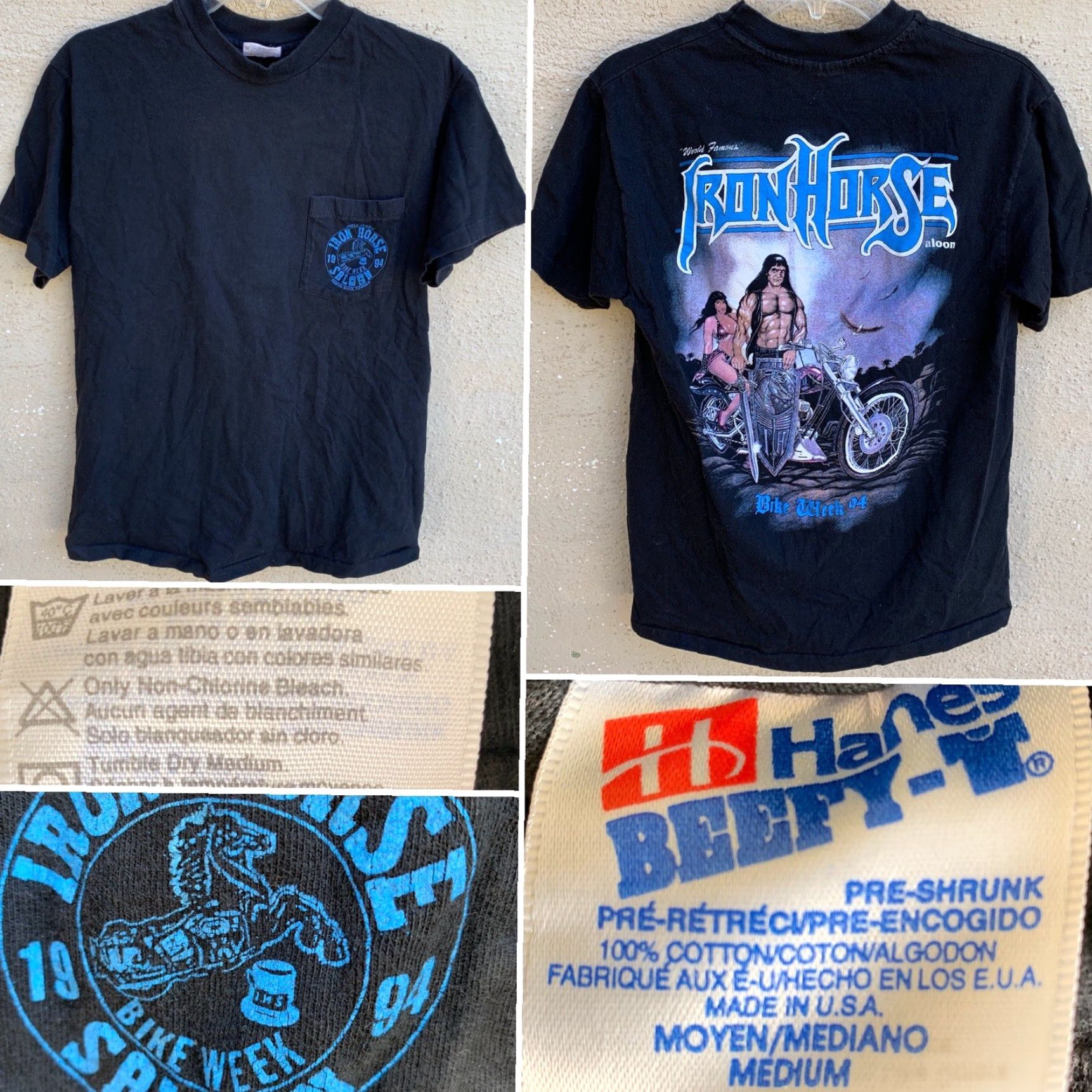Hanes VINTAGE Iron Horse Saloon Bike Week 94 Pocket Tee T-Shirt 90s 1990s M Black Men Hanes Short Sleeve 100% Cotton Graphic Tee Size US M / EU 48-50 / 2 - 5 Thumbnail
