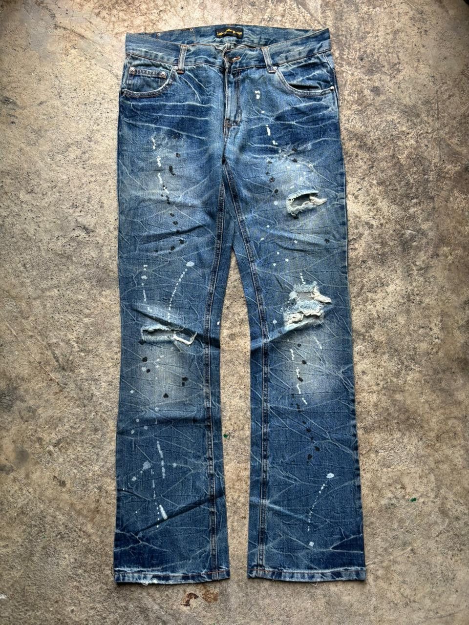 Japanese Brand 2000s Lowbox Paint Splatter Distressed Bootcut Jeans Size US 30 / EU 46 - 1 Thumbnail