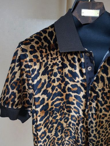 Tom Ford o1sm1stk0824 Velour Leopard Print Polo Shirt in Black Brown Size US M / EU 48-50 / 2 - 2 Thumbnail