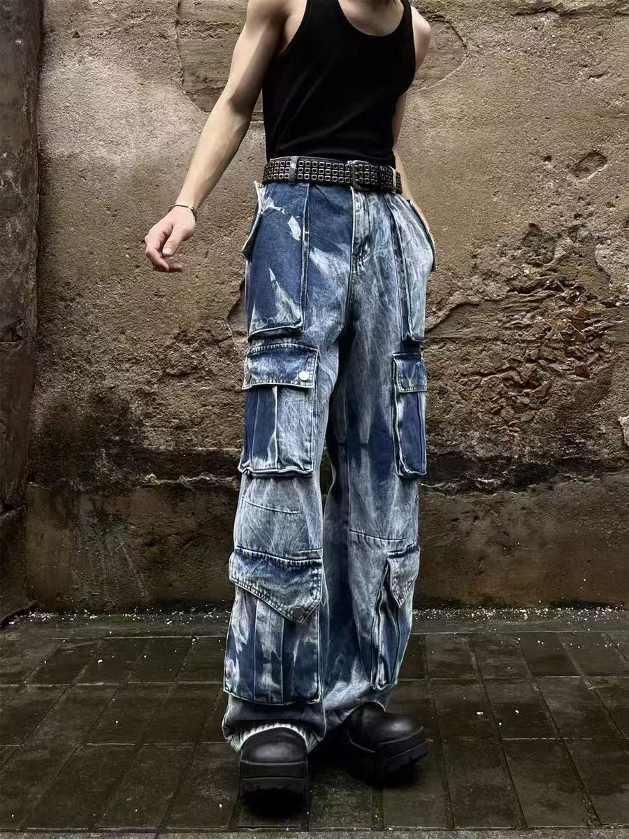 Vintage Multi-Pocket Tie-Dye Gradient Work Jeans