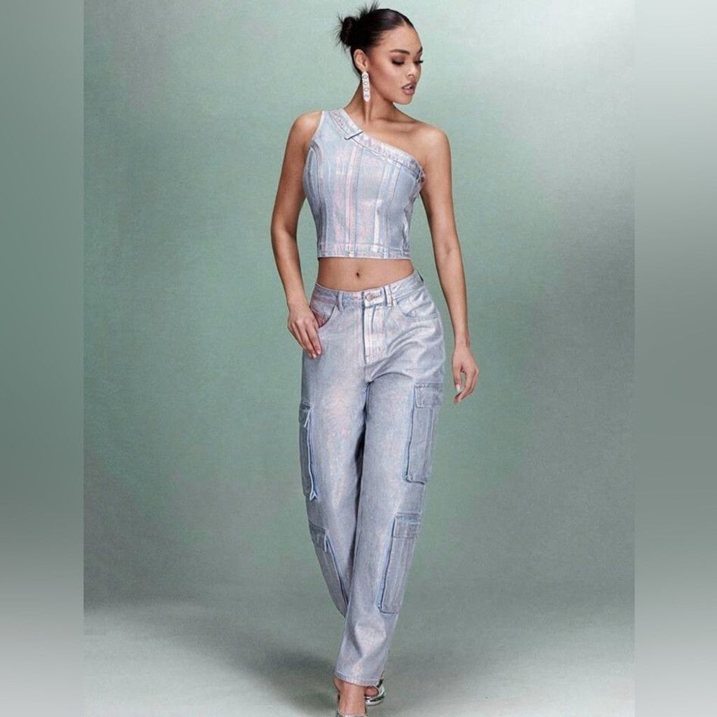 Other Metallic Cargo Pocket Women's Denim Wide Leg Pants Size 29 Size 29" - 3 Thumbnail