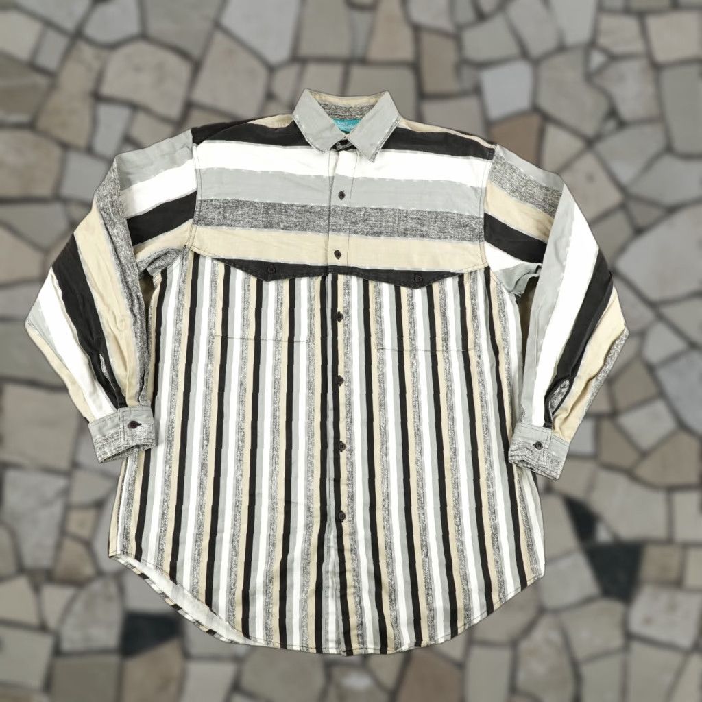 Vintage VINTAGE Western Signatures Button-Up Shirt Mens Large Gray Beige Stripes Long Sleeve Cowboy Outdoor Size US L / EU 52-54 / 3 - 1 Thumbnail