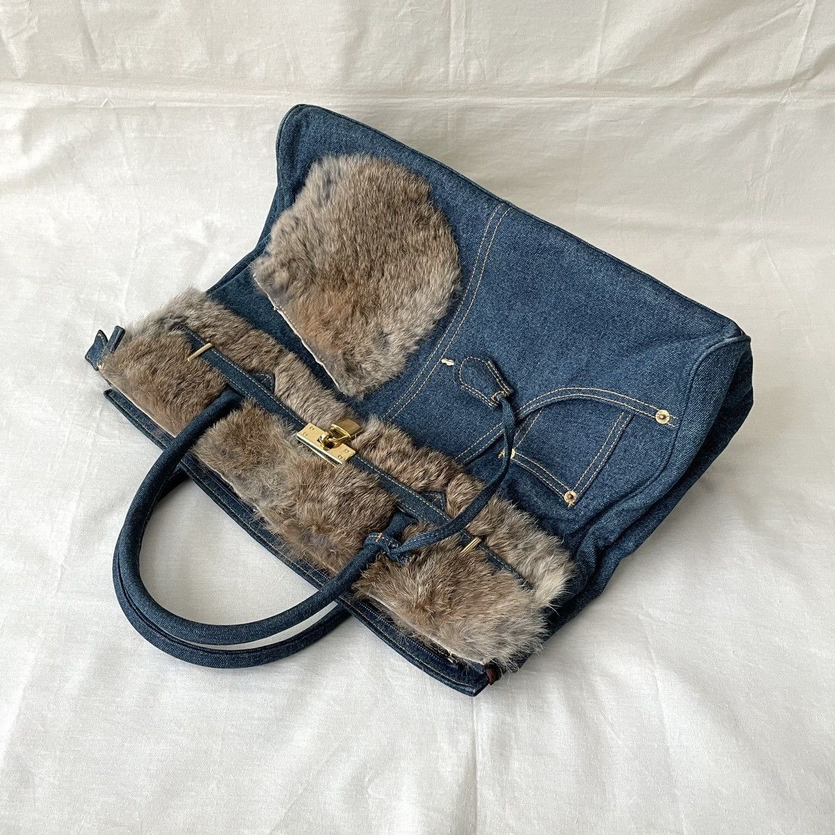 Japanese Brand Birkin Style Denim and Fur Handmade Bag Japan Size ONE SIZE - 7 Thumbnail