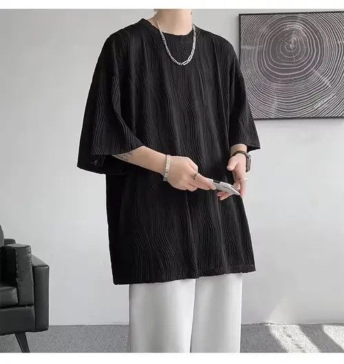 VIBE 💎 Korean Black Wave Pleated Relaxed Tee T-shirt Size US L / EU 52-54 / 3 - 2 Thumbnail
