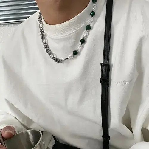 Jewelry White and green bead stitching men's fashion necklace Size ONE SIZE - 2 Thumbnail