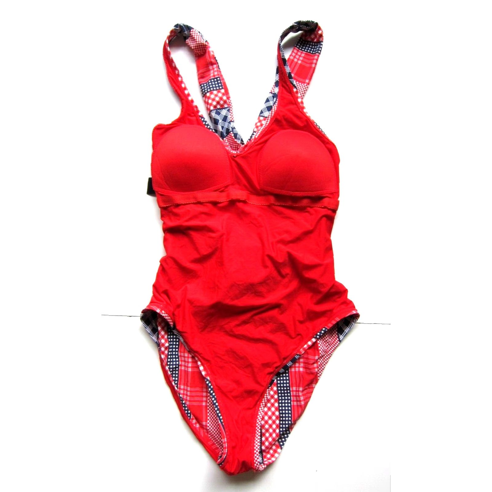 Vintage Sea Angel One Piece Swimsuit Women Medium Plaid Stripe USA Red White Blue Navy Nylon Lycra 88% Slimming Size ONE SIZE - 7 Thumbnail
