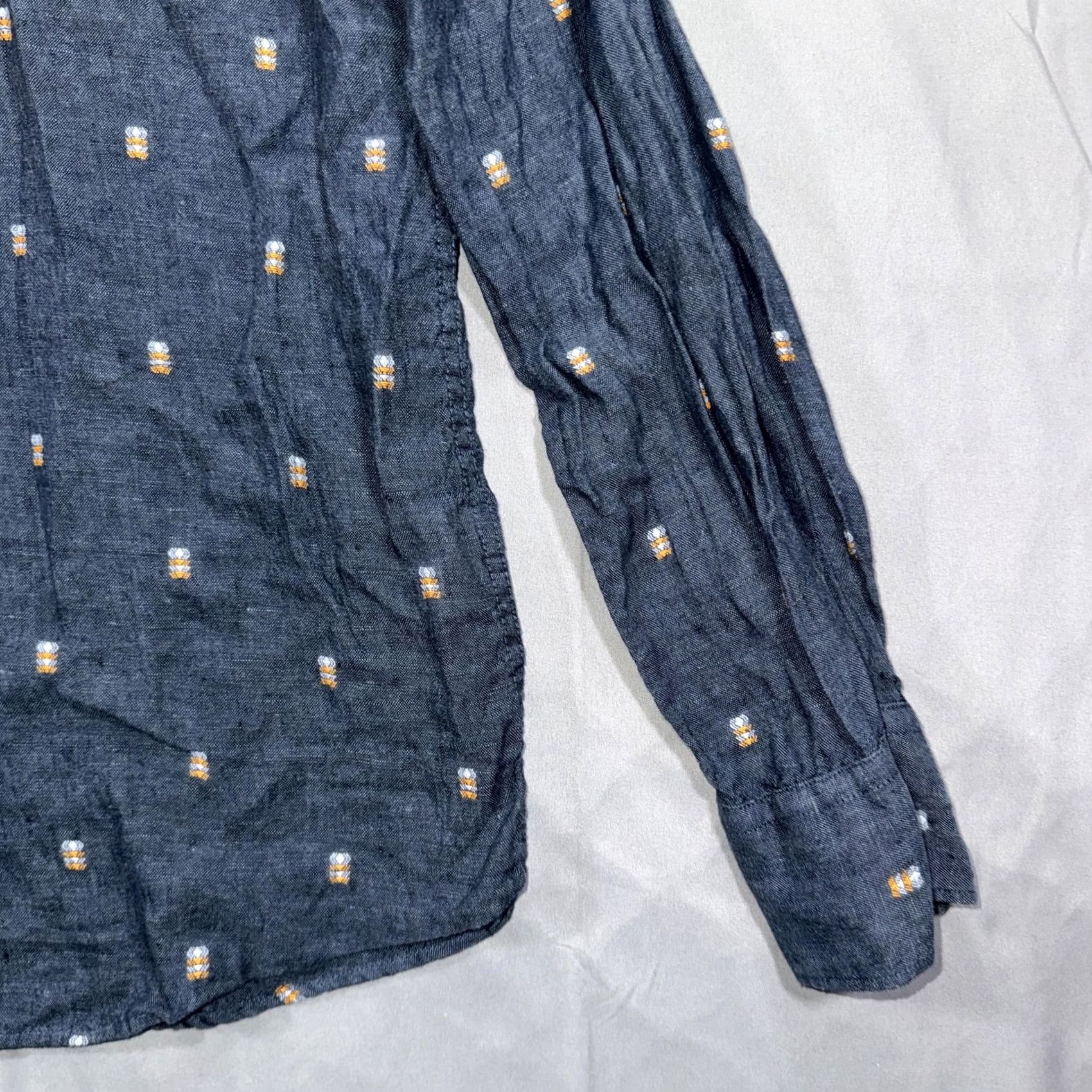 Barker Barkers Shirt Mens M Blue Linen Geometric Embroidered Slim Button Up Size US M / EU 48-50 / 2 - 4 Thumbnail