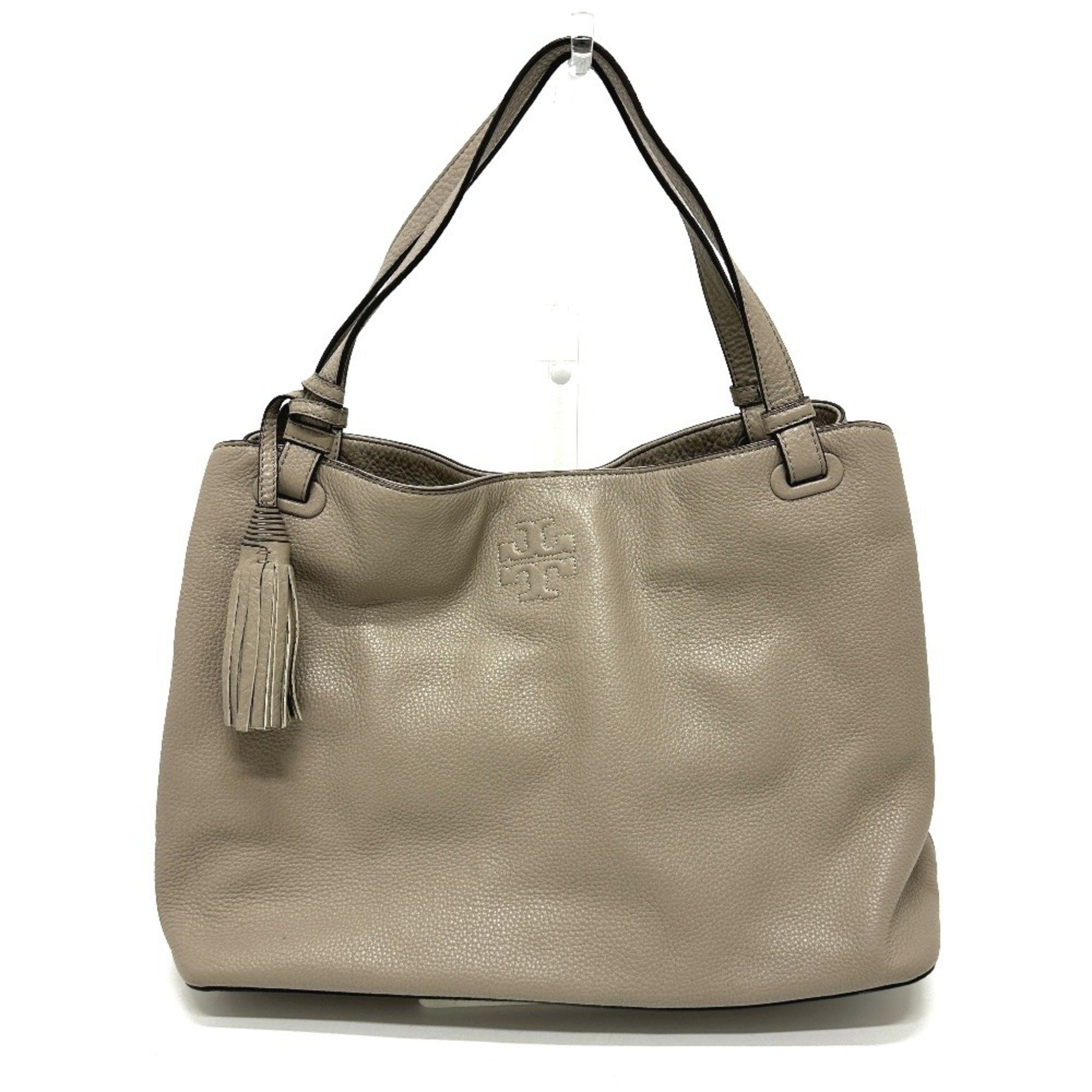 Tory Burch Logo Tote Bag Handbag Shoulder Leather Women's Beige