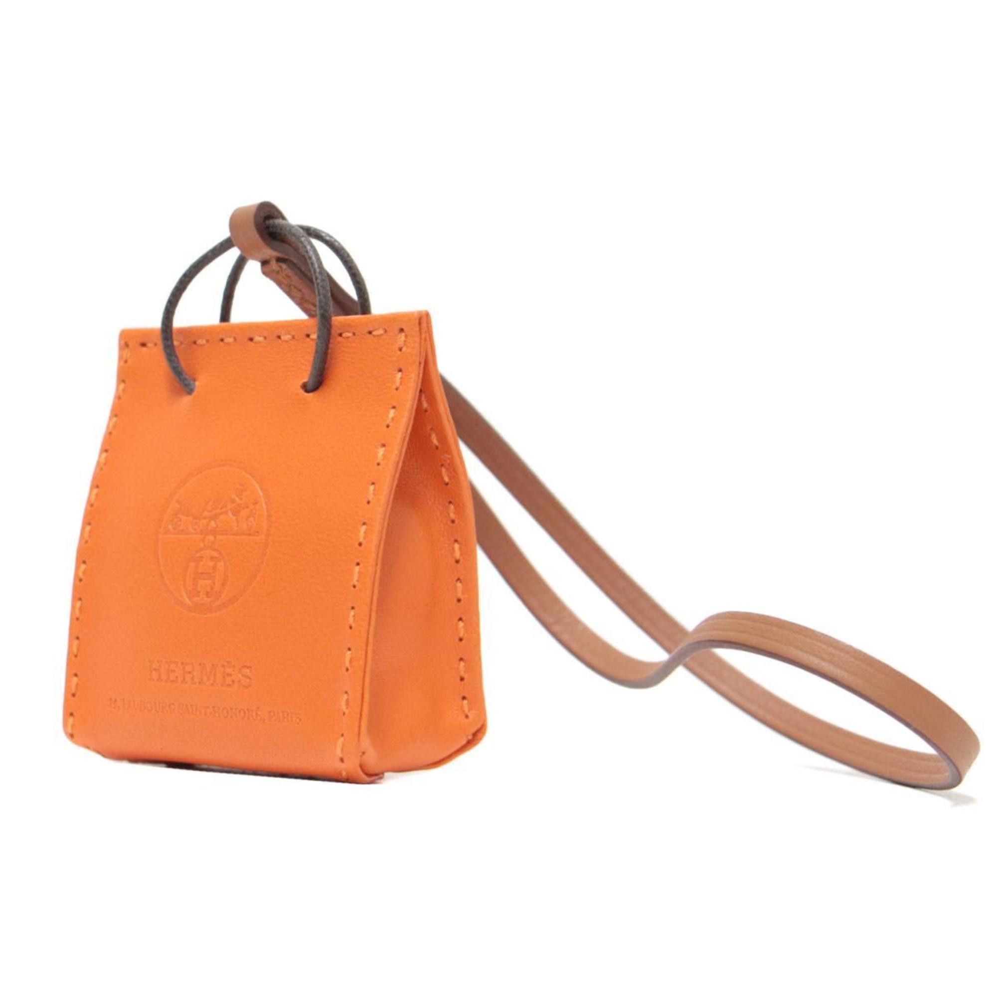 image of Hermes Charm Bag Strap Shopper Miniature Logo Sac Orange Leather Orange, Women's