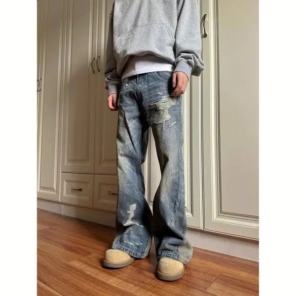 Jean Distressed Wide Leg Flare Jeans With Button Accents Size US 33 - 3 Thumbnail