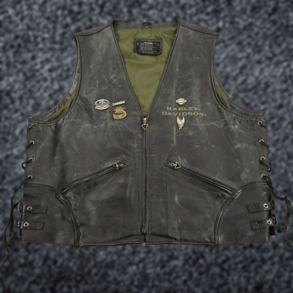 Harley Davidson Harley-Davidson Leather Vest XXL Mens Black Anniversary Patches Pins Side Laces Vintage Bike Vest Size US XXL / EU 58 / 5 - 1 Thumbnail