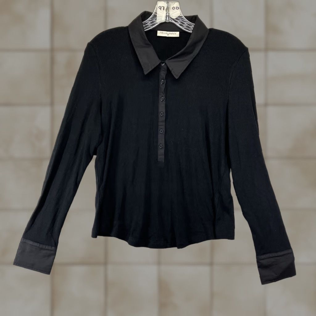 Vintage 78 & Sunny Women's Blouse Long Sleeve Collared Button Black Rayon Spandex Knit Stretch NWT Medium Size M / US 6-8 / IT 42-44 - 1 Thumbnail