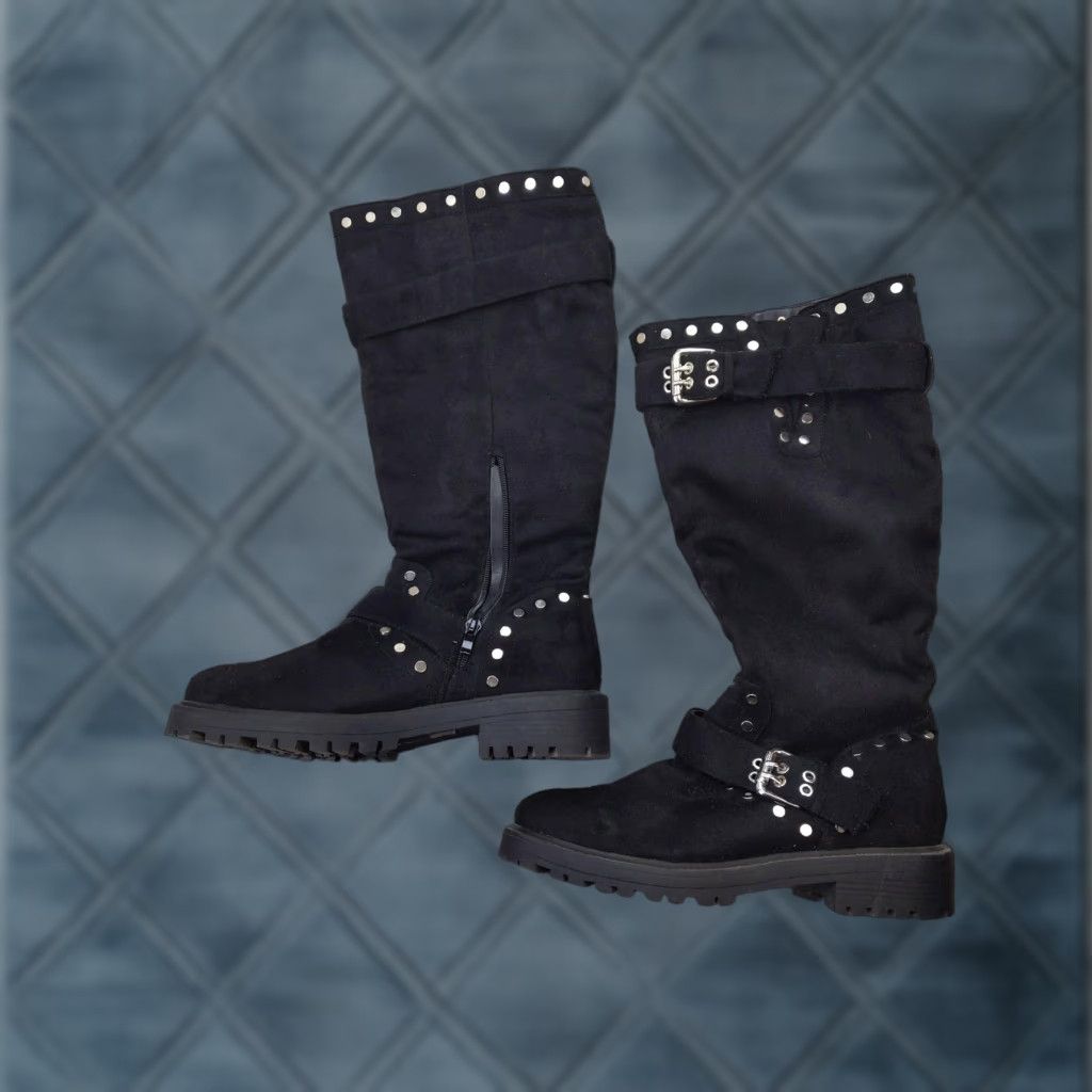 Venus Venus Womens Knee High Biker Boots Black Faux Suede Zip Studded Buckle 7.5 Europe 37.5 Size US 8 / IT 38 - 1 Thumbnail